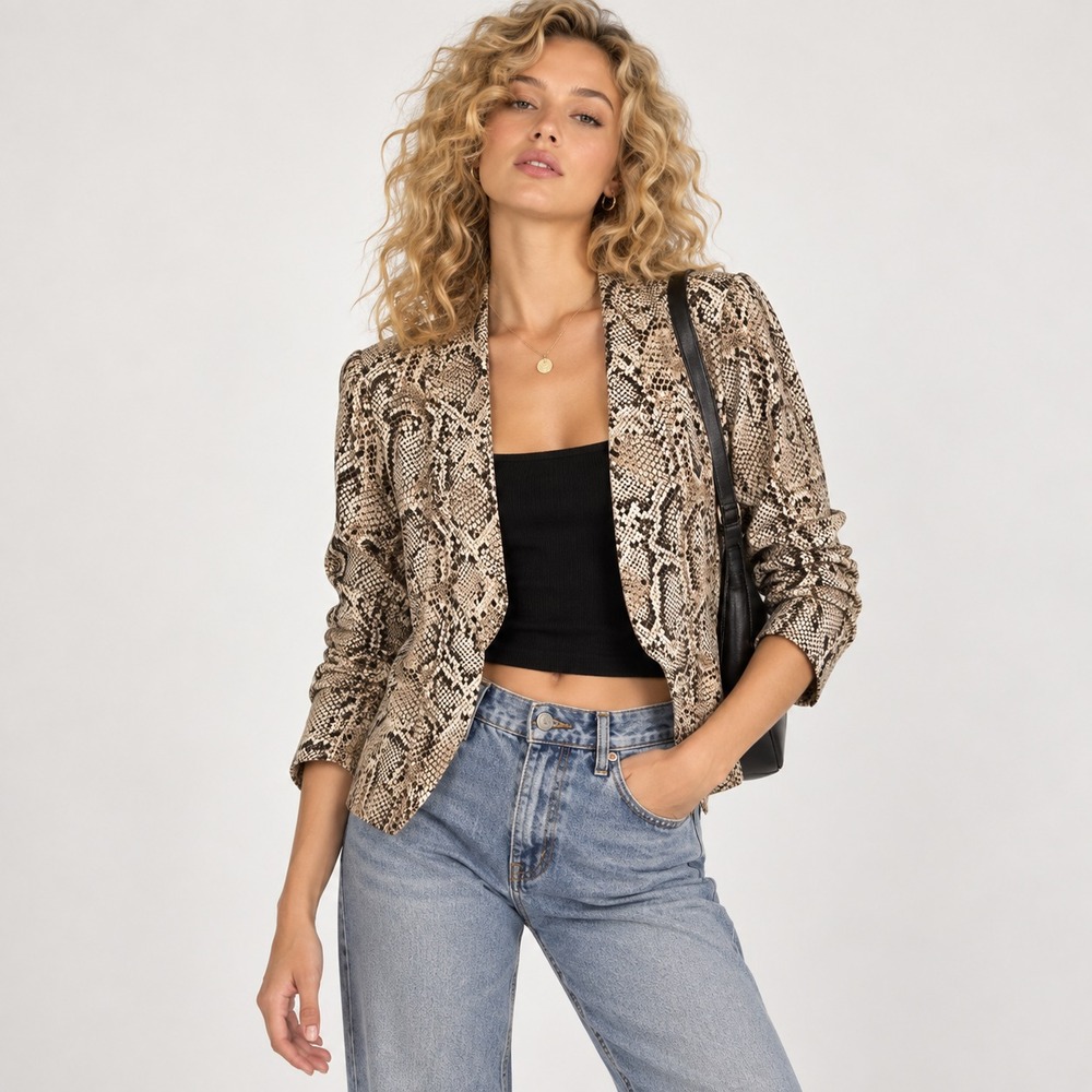 Zara Woman Snakeskin Print Open Front Cropped Blazer Jacket Indie Sleaze XS